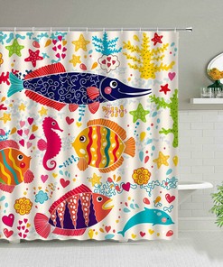 Colorful Underwater World Shower Curtain, Ocean Sea Fish and Seahorse Bathroom Decoration for Children's Bath