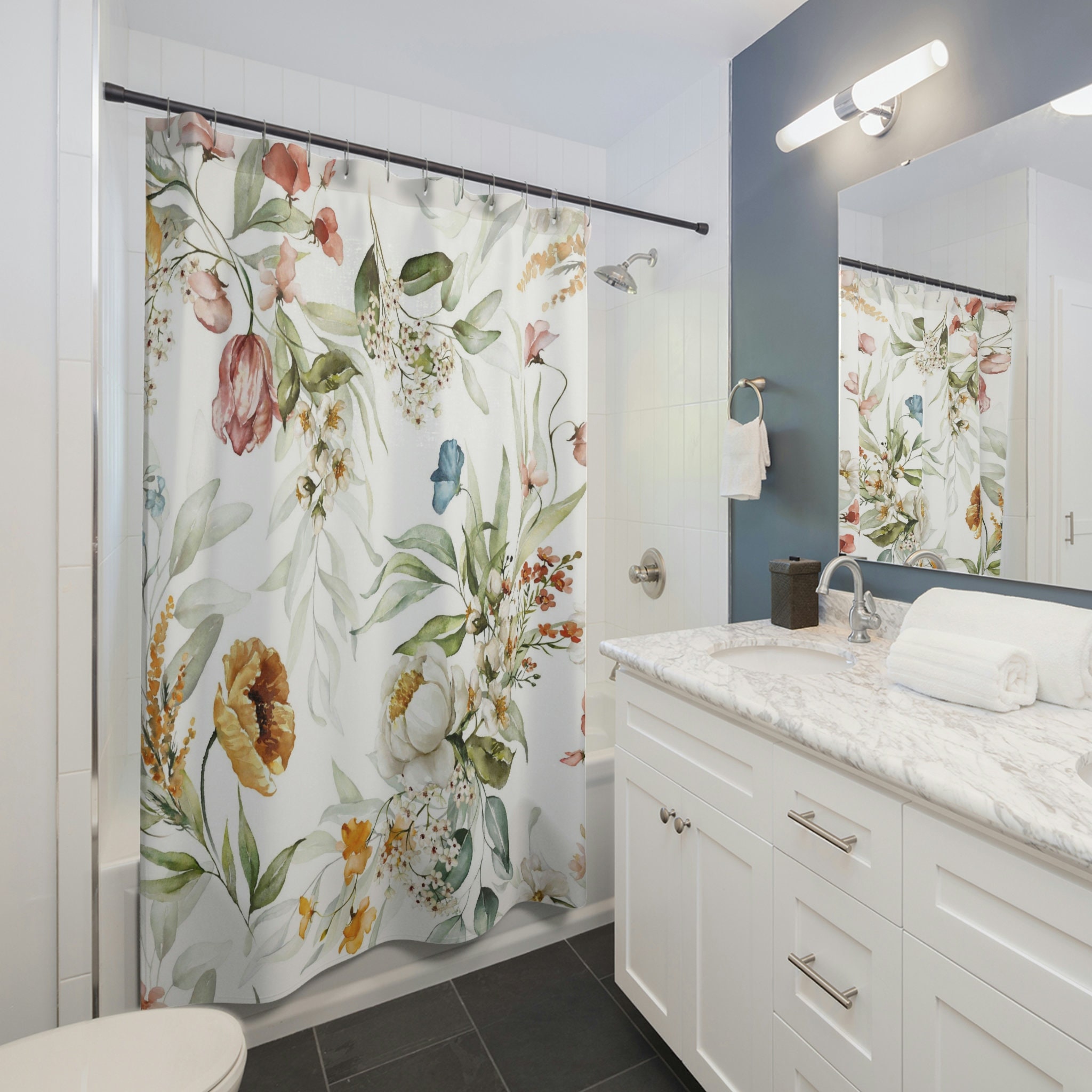 Colorful Yellow Floral Shower Curtain for a Boho Farmhouse Bathroom