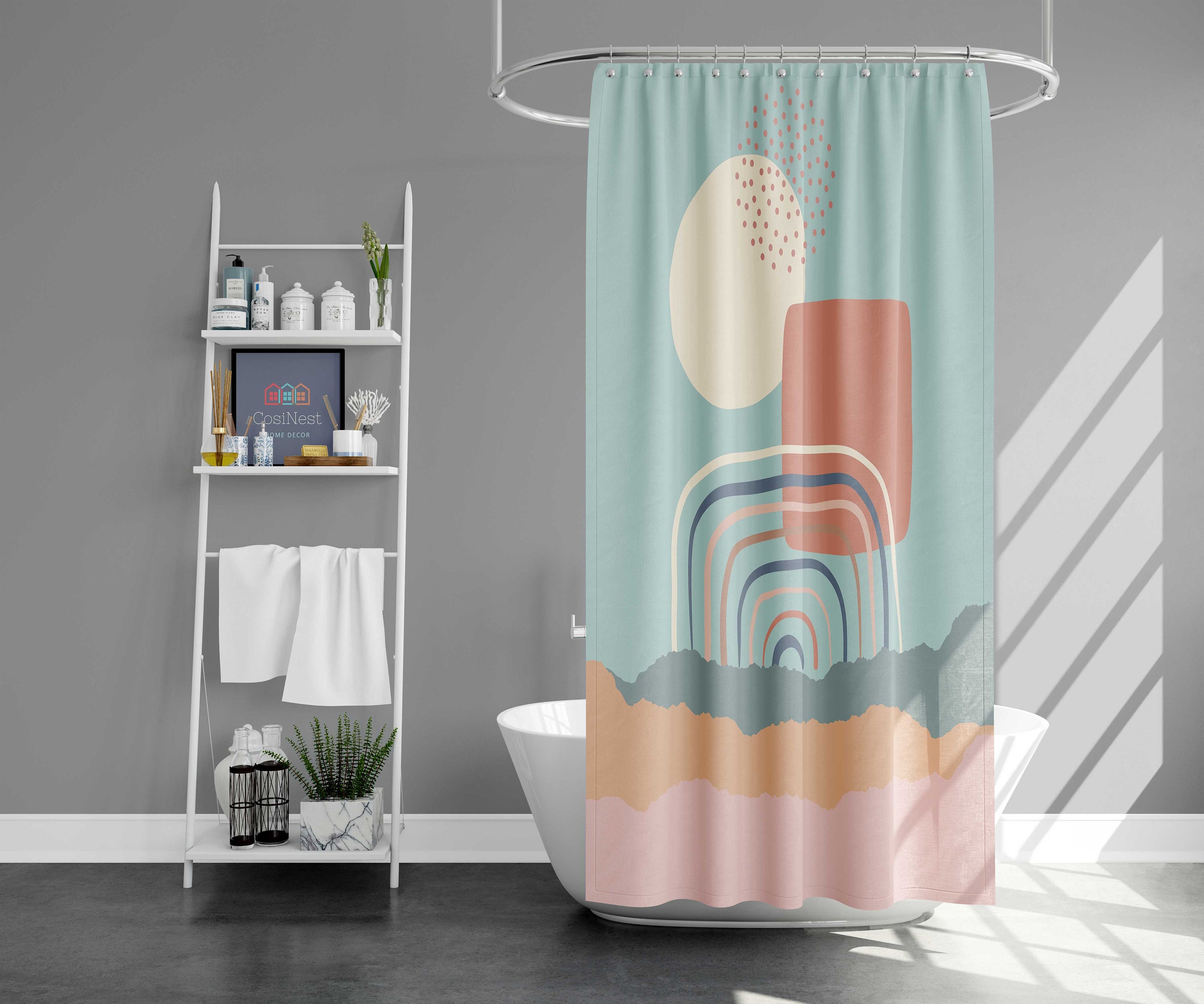 Colorful sky landscape Shower Curtain | Rainbow over the cloud fabric Bathroom Curtain and mat | Home bath Decor - Image 2
