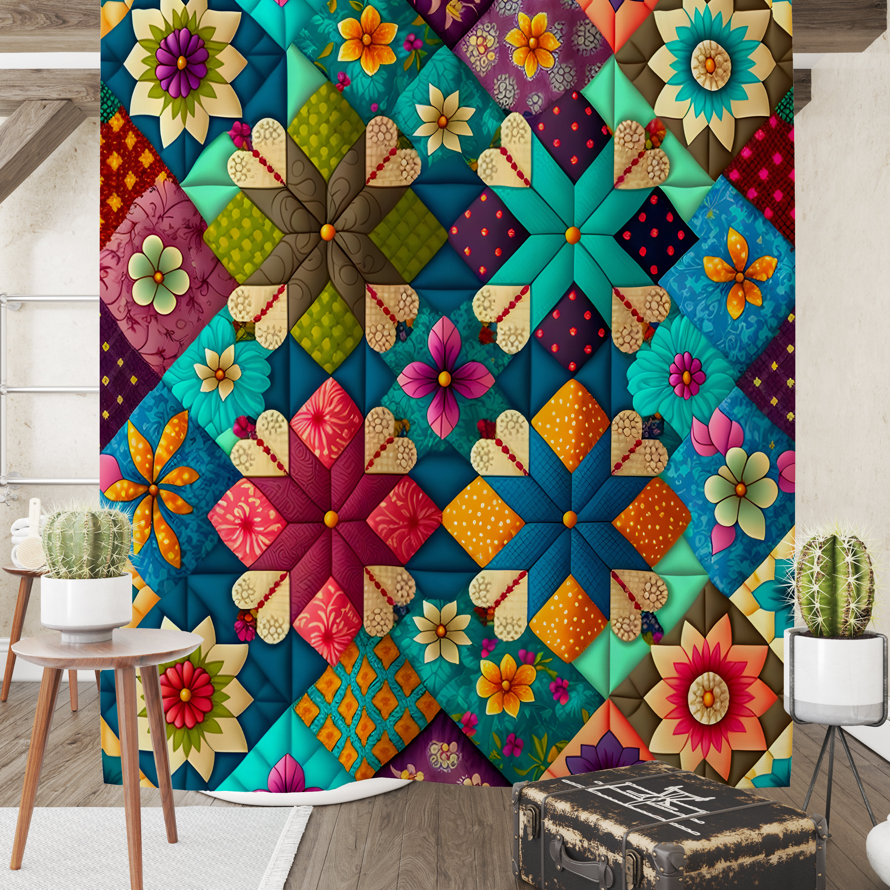 Colourful Patchwork Shower Curtain Set with Ethereal Bath Accessories