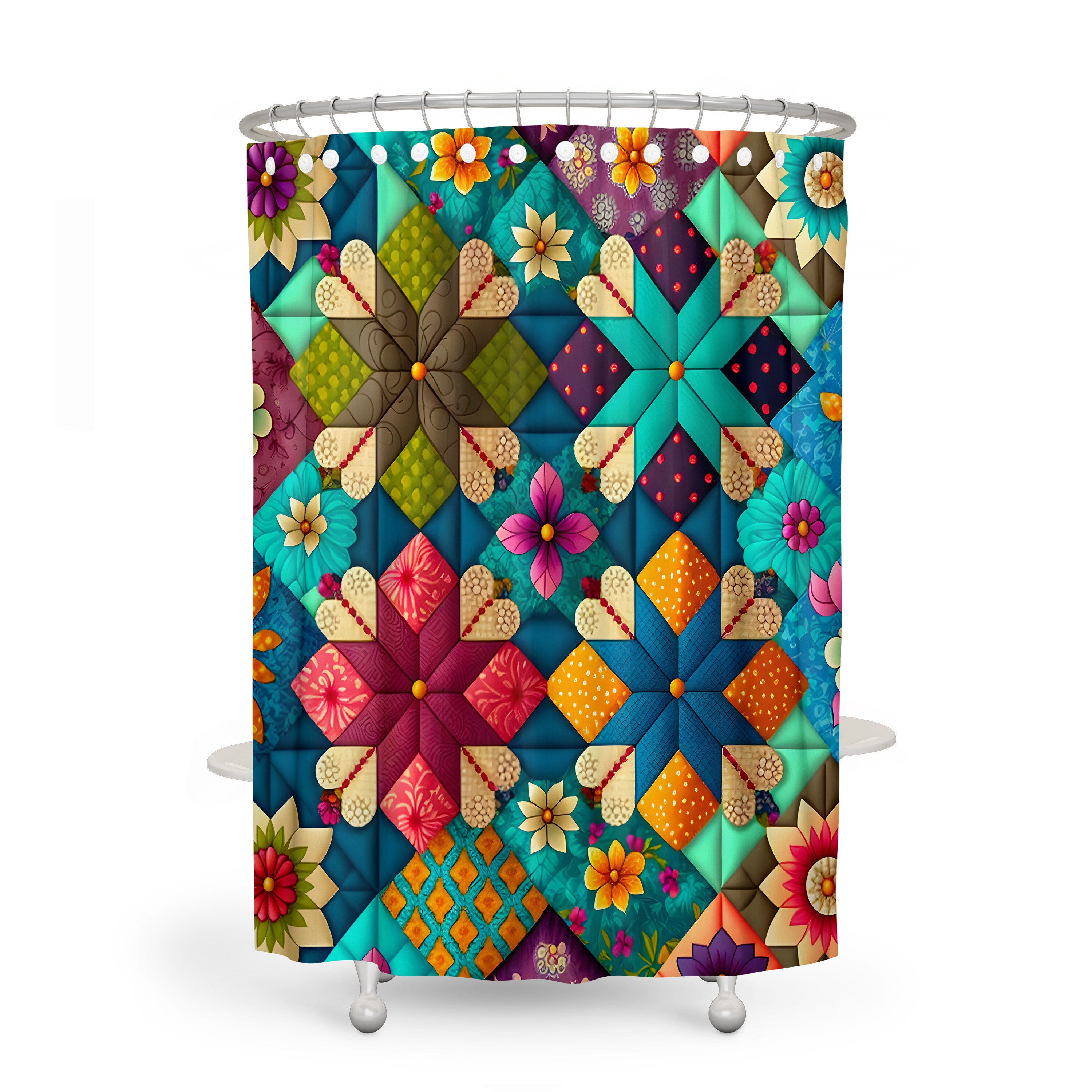 Colourful Patchwork Shower Curtain Set with Ethereal Bath Accessories - Image 2