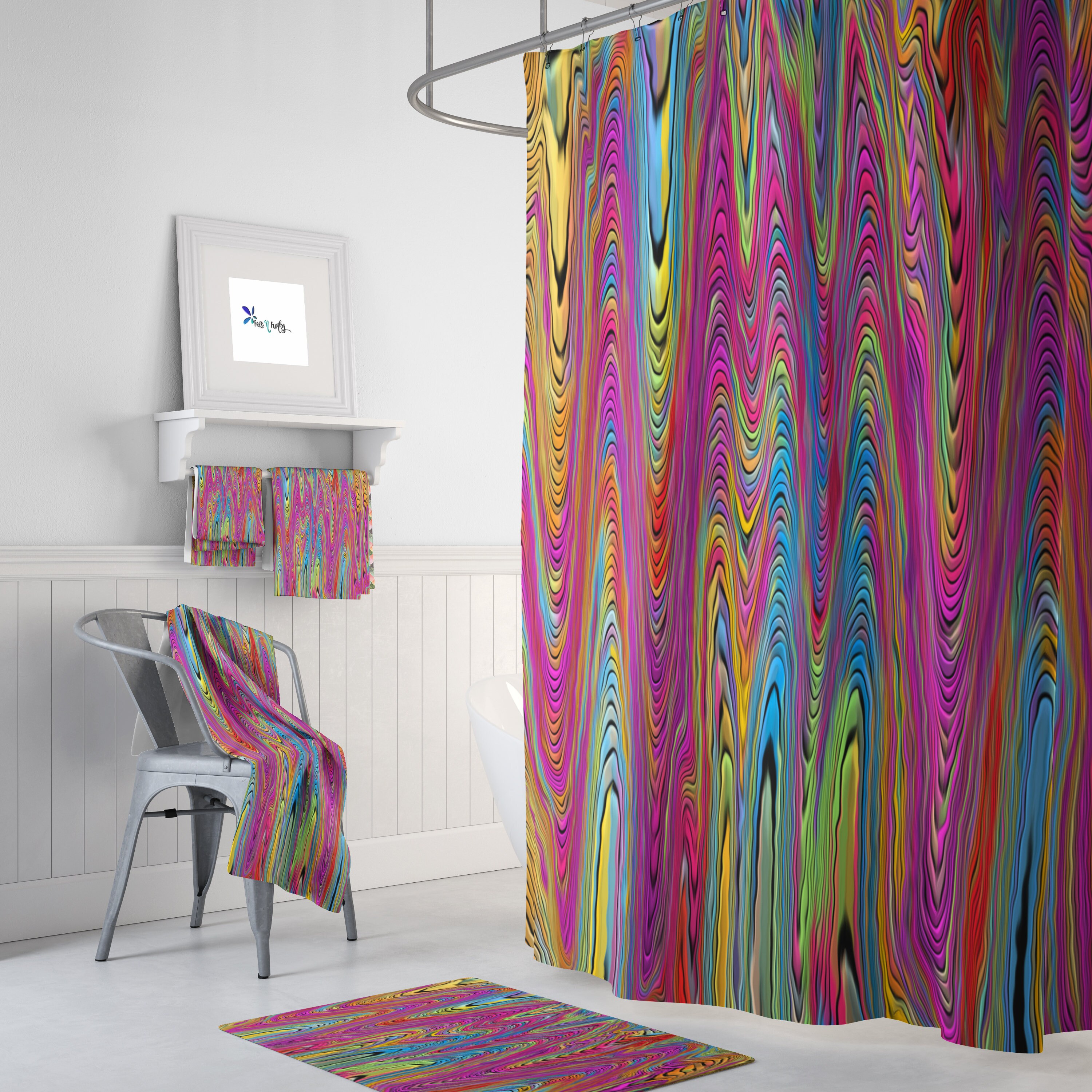 Colourful Swirl Hippie Shower Curtain Set with Bohemian Bath Decor