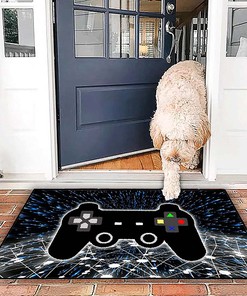 Comfortable Polyester Floor Mat with Gamepad Print Design: Reactor Blue and Hot Pink Game Area Rugs