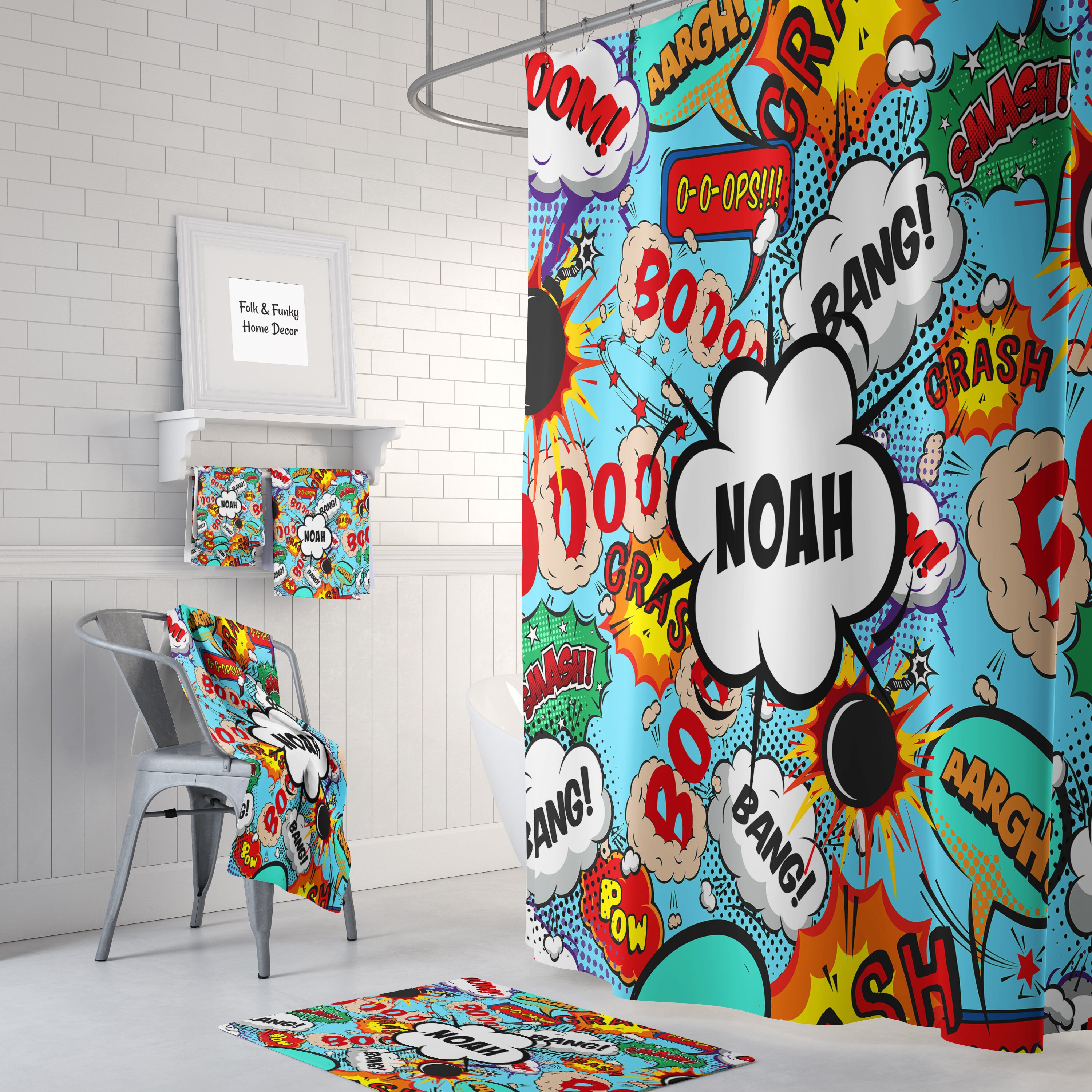 Comic Book Shower Curtain with Personalized Sound Effects Bathroom Set