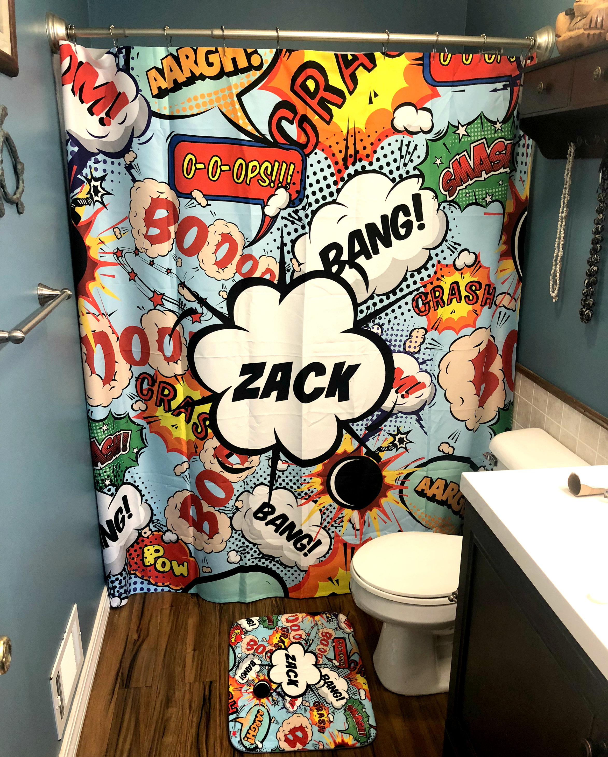 Comic Book Shower Curtain with Personalized Sound Effects Bathroom Set - Image 2