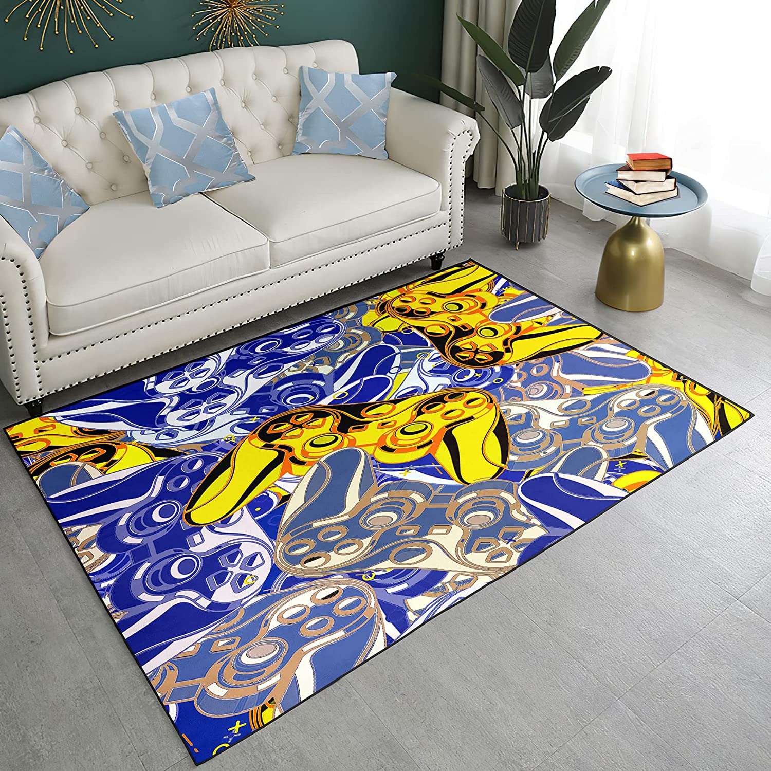 Computer Game Rugs with Robot and Rocket Design - Black Carpets for Gamer Room