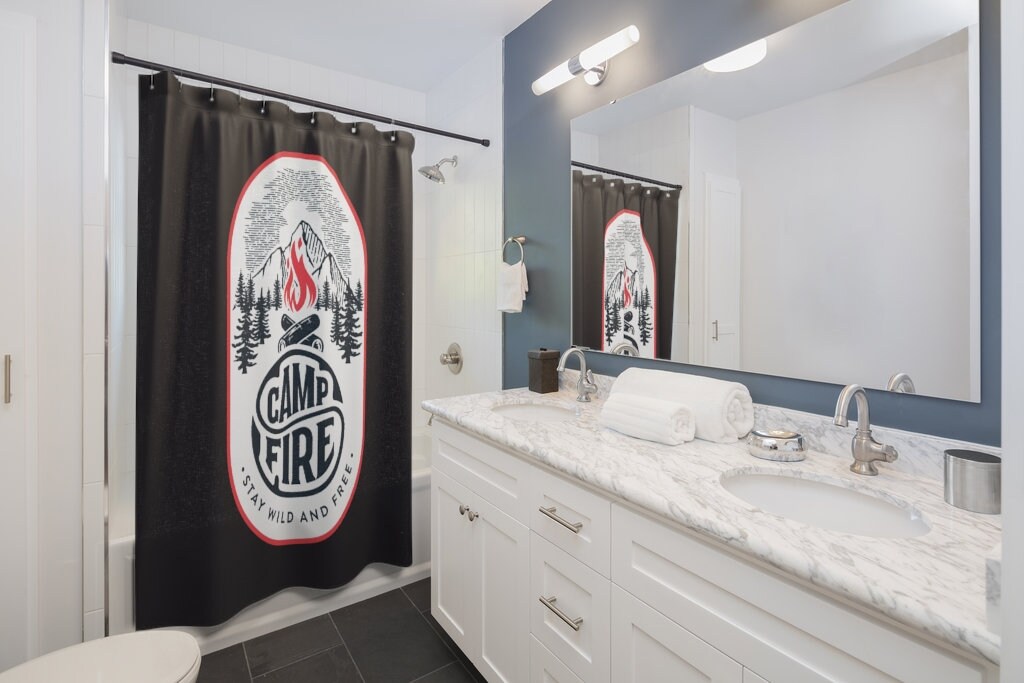 Connect with nature while camping with this RV Camper Trailer Camping Cabin Shower Curtain - Image 2