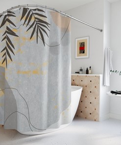 Contemporary Abstract Art Shower Curtain or Mat, Neutral Warm Earth Tones with Lakehouse Leaves Tropical Design