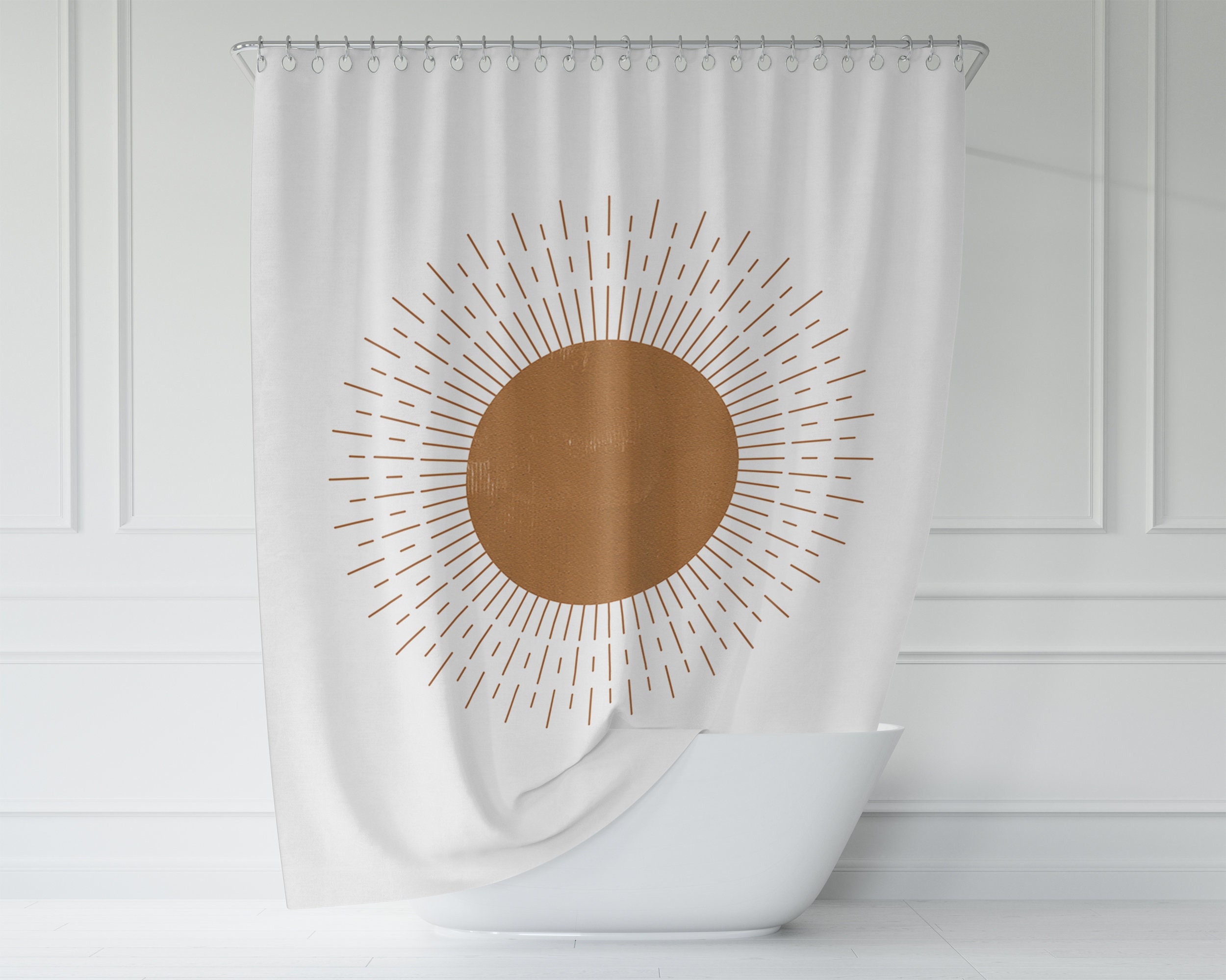 Contemporary Beige & Copper Sun Shower Curtain, Abstract Modern Bath Print, Boho Bathroom Decor