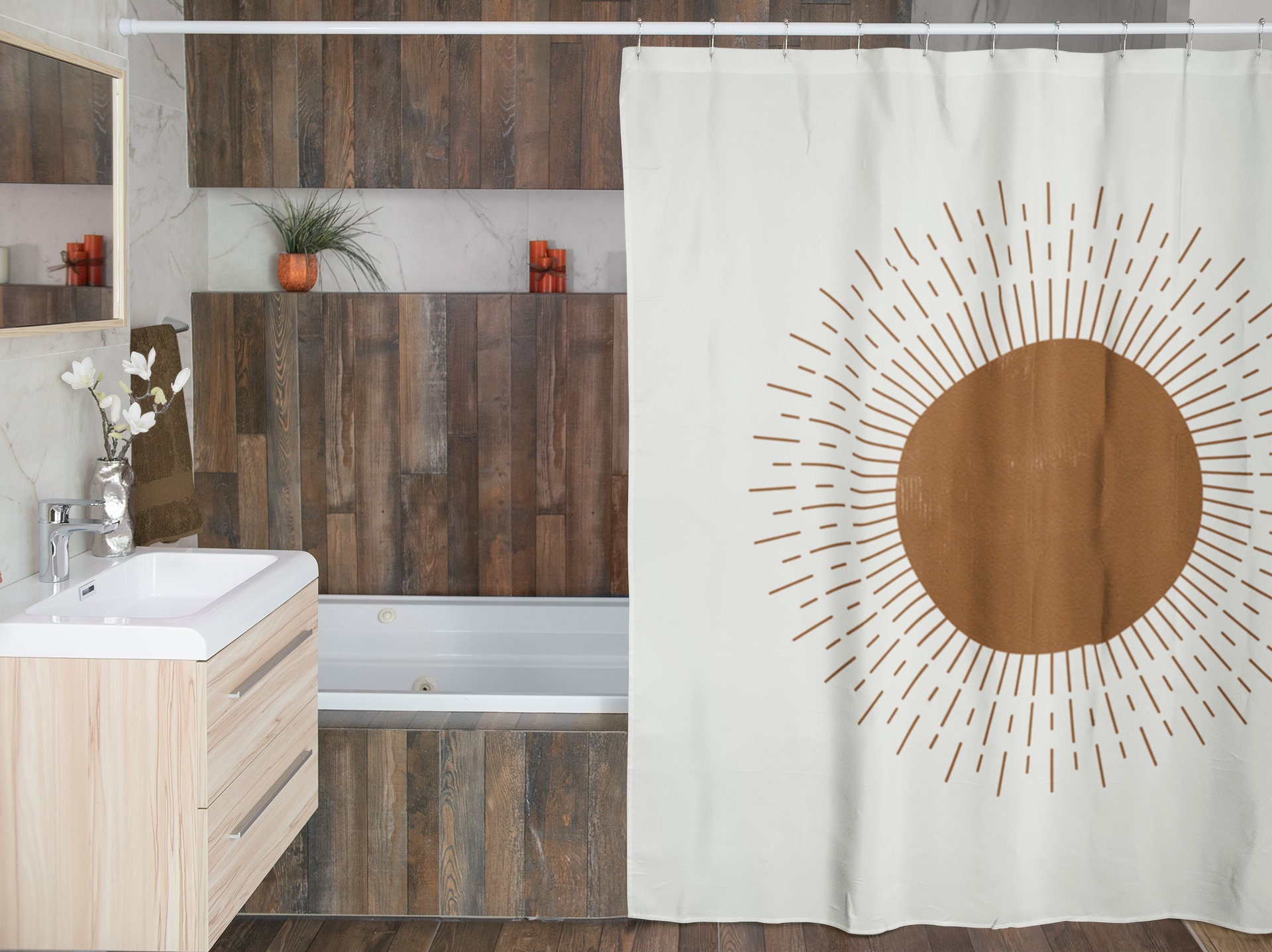 Contemporary Beige & Copper Sun Shower Curtain, Abstract Modern Bath Print, Boho Bathroom Decor - Image 3