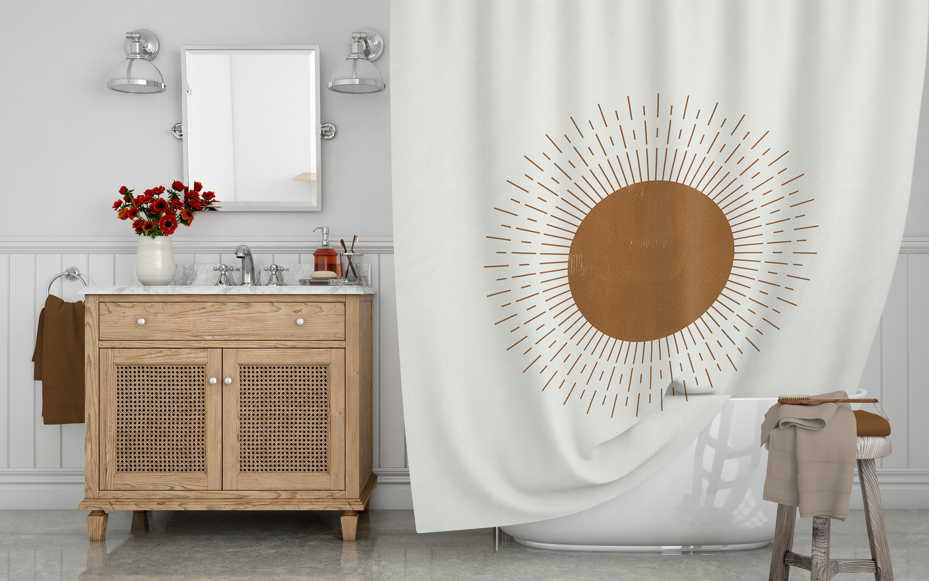 Contemporary Beige & Copper Sun Shower Curtain, Abstract Modern Bath Print, Boho Bathroom Decor - Image 4
