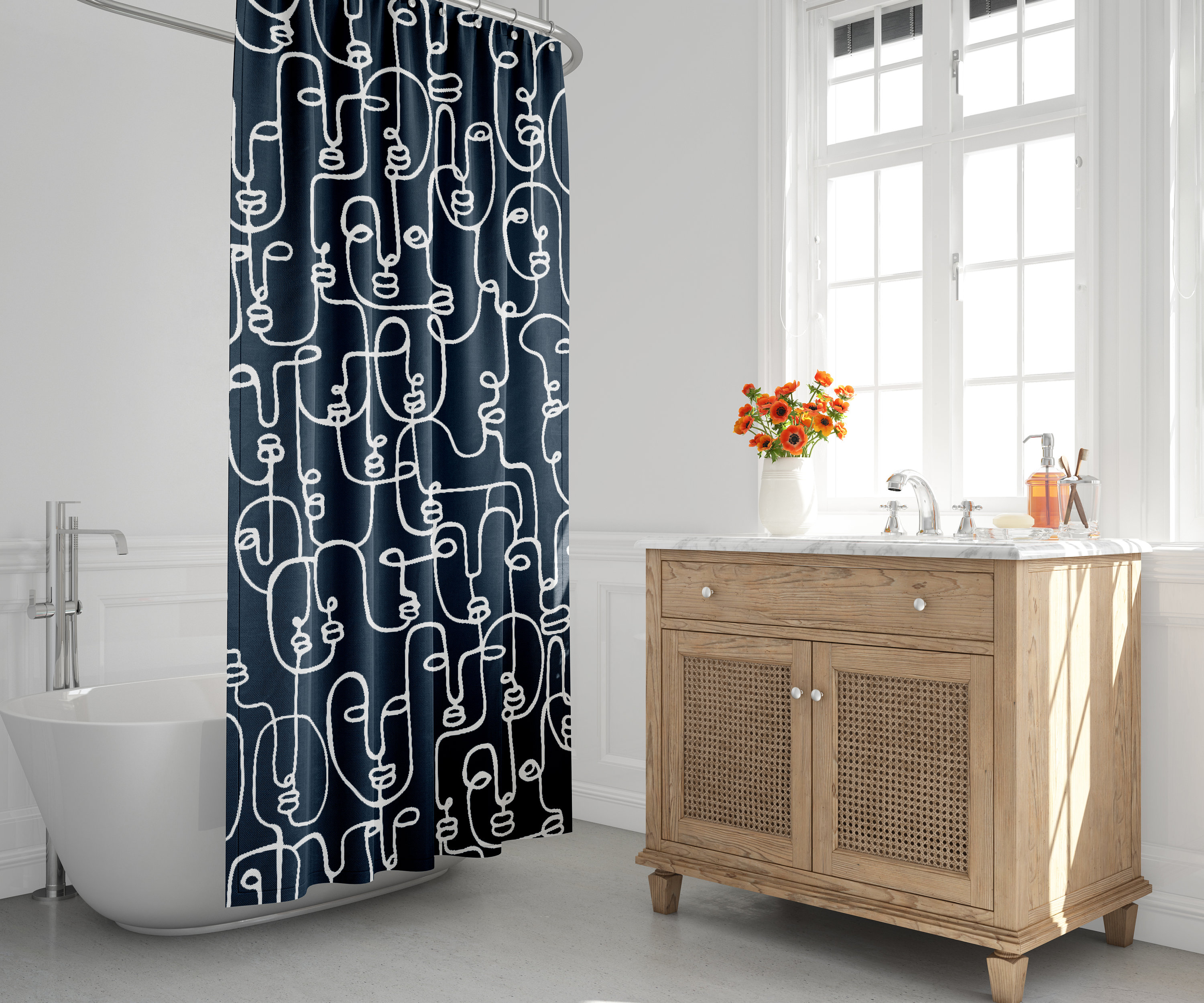 Contemporary Duschvorhang, Boho Badevorhang, Zeitgenössischer Gesichtsdesign, Haus Erwärmung