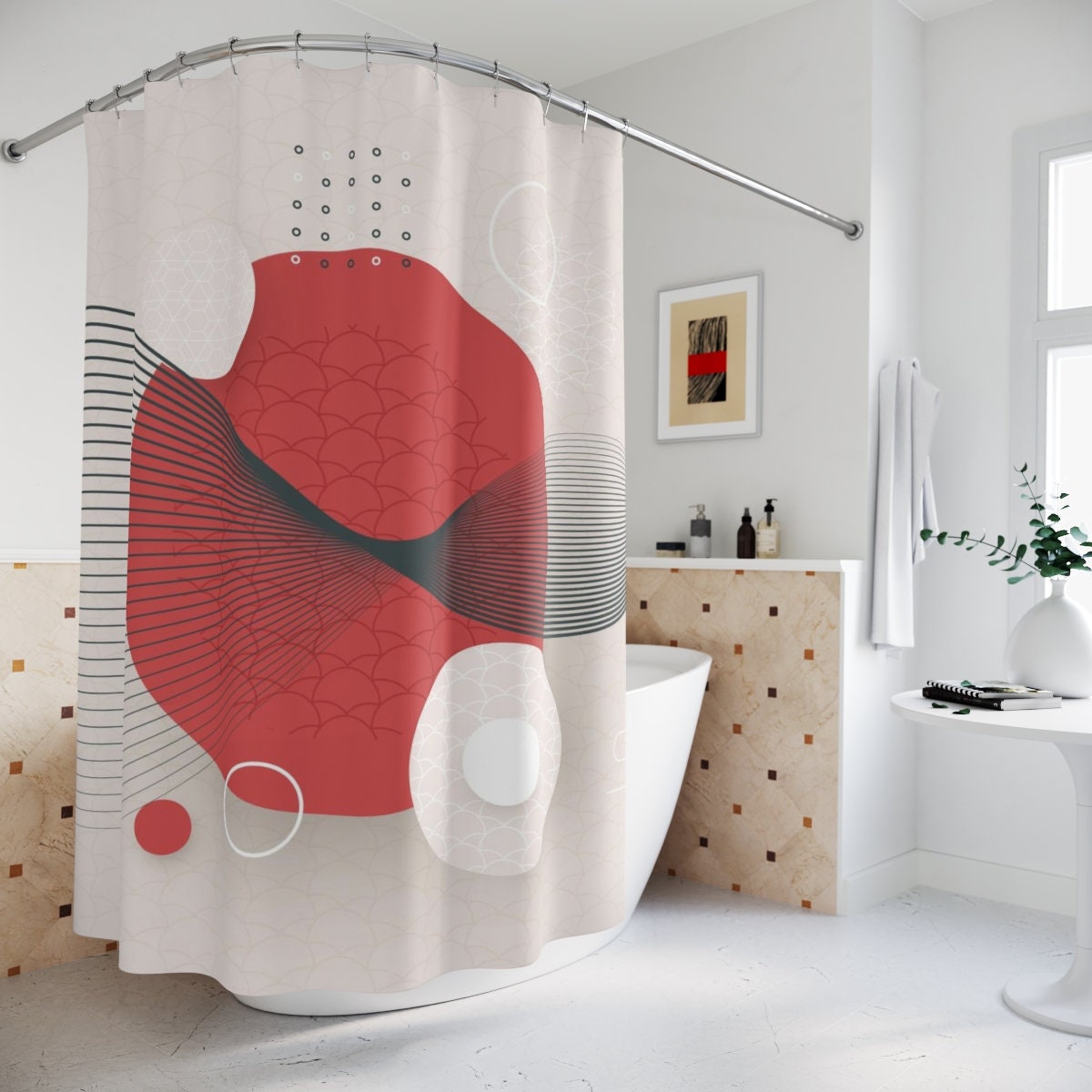 Contemporary Japanese Boho Abstract Circle Shower Curtain or Mat, Modern Pal Minimal, Japanese Bathroom Curtain