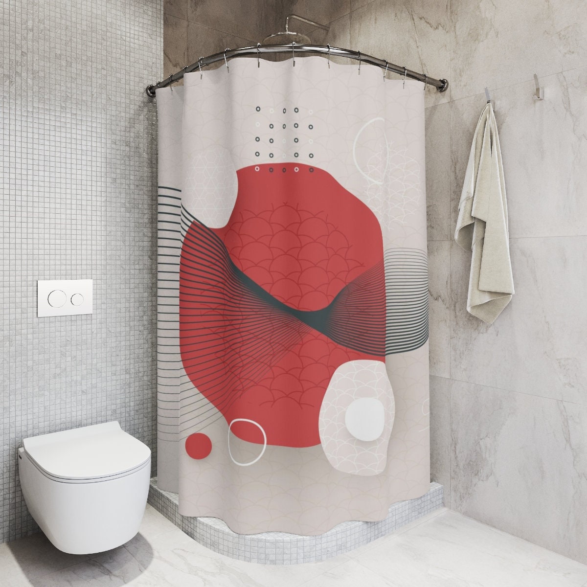 Contemporary Japanese Boho Abstract Circle Shower Curtain or Mat, Modern Pal Minimal, Japanese Bathroom Curtain - Image 2