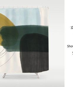 Contemporary Japanese Style Shower Curtain, Abstract Color Blocks in Black Green and Beige, Custom Sizes Available