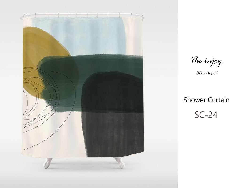 Contemporary Japanese Style Shower Curtain, Abstract Color Blocks in Black Green and Beige, Custom Sizes Available