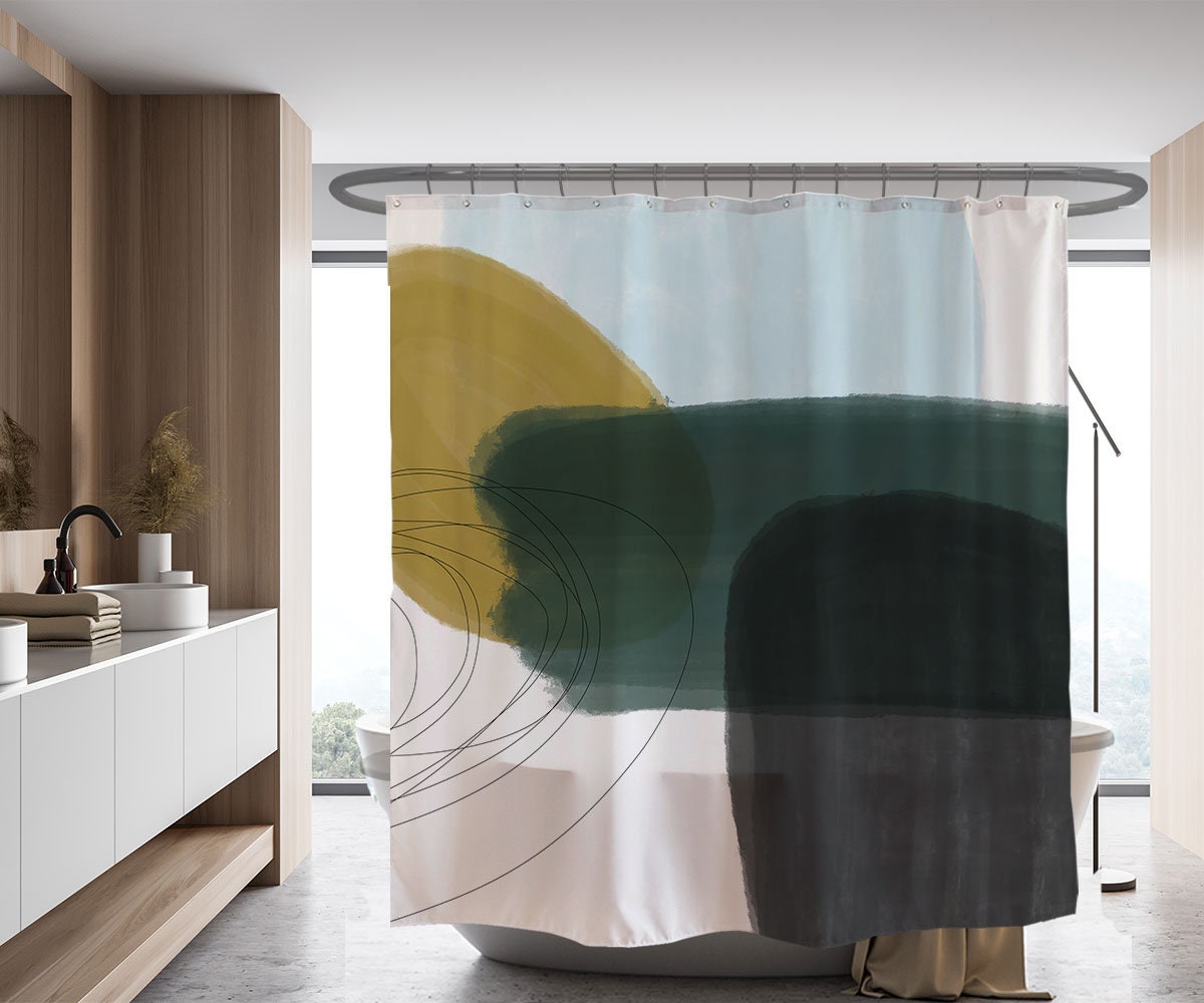 Contemporary Japanese Style Shower Curtain, Abstract Color Blocks in Black Green and Beige, Custom Sizes Available - Image 2