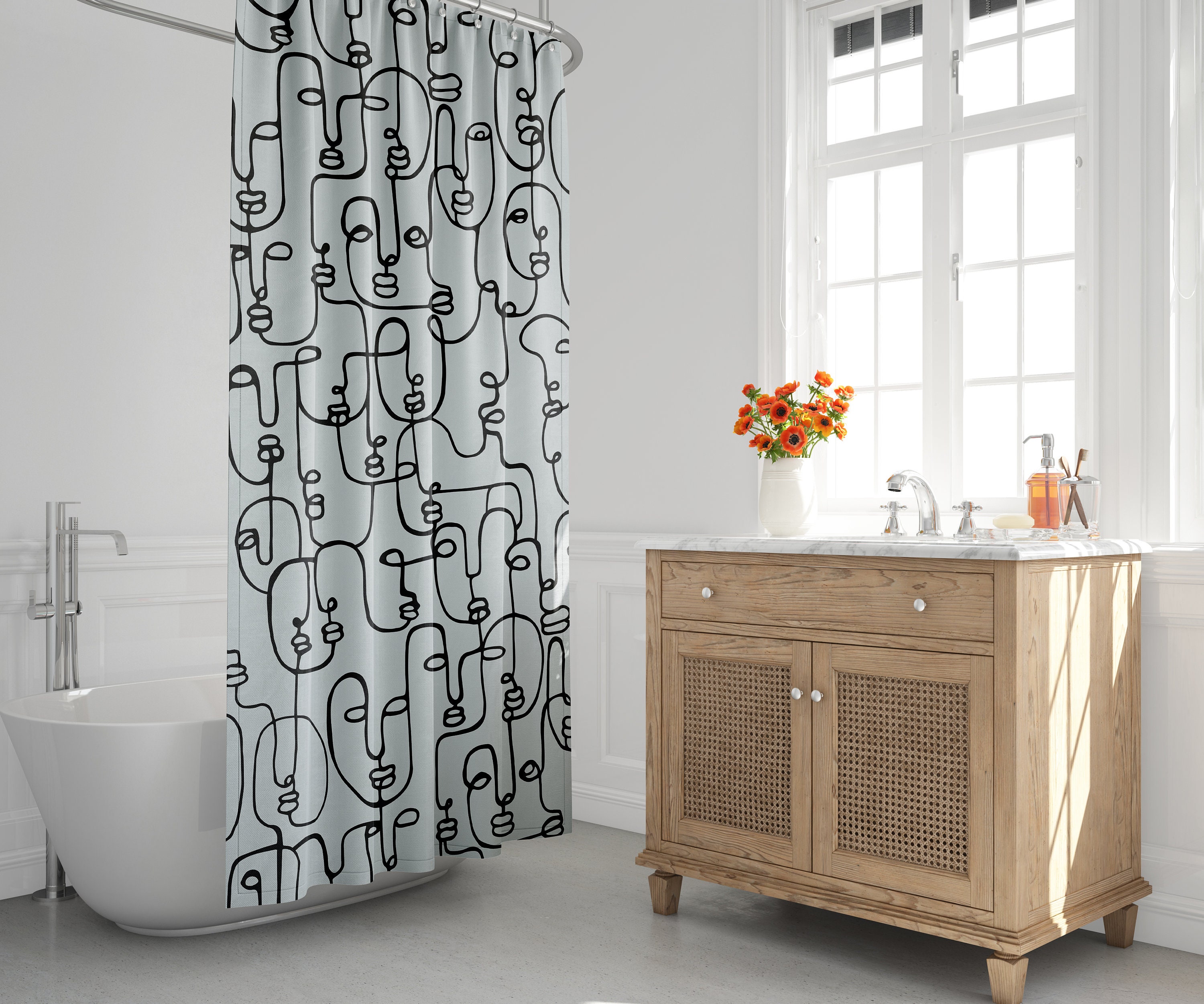 Contemporary Mid-Century Modern Shower Curtain with Abstract Face and Continuous Line Design for a Unique Bath Decor