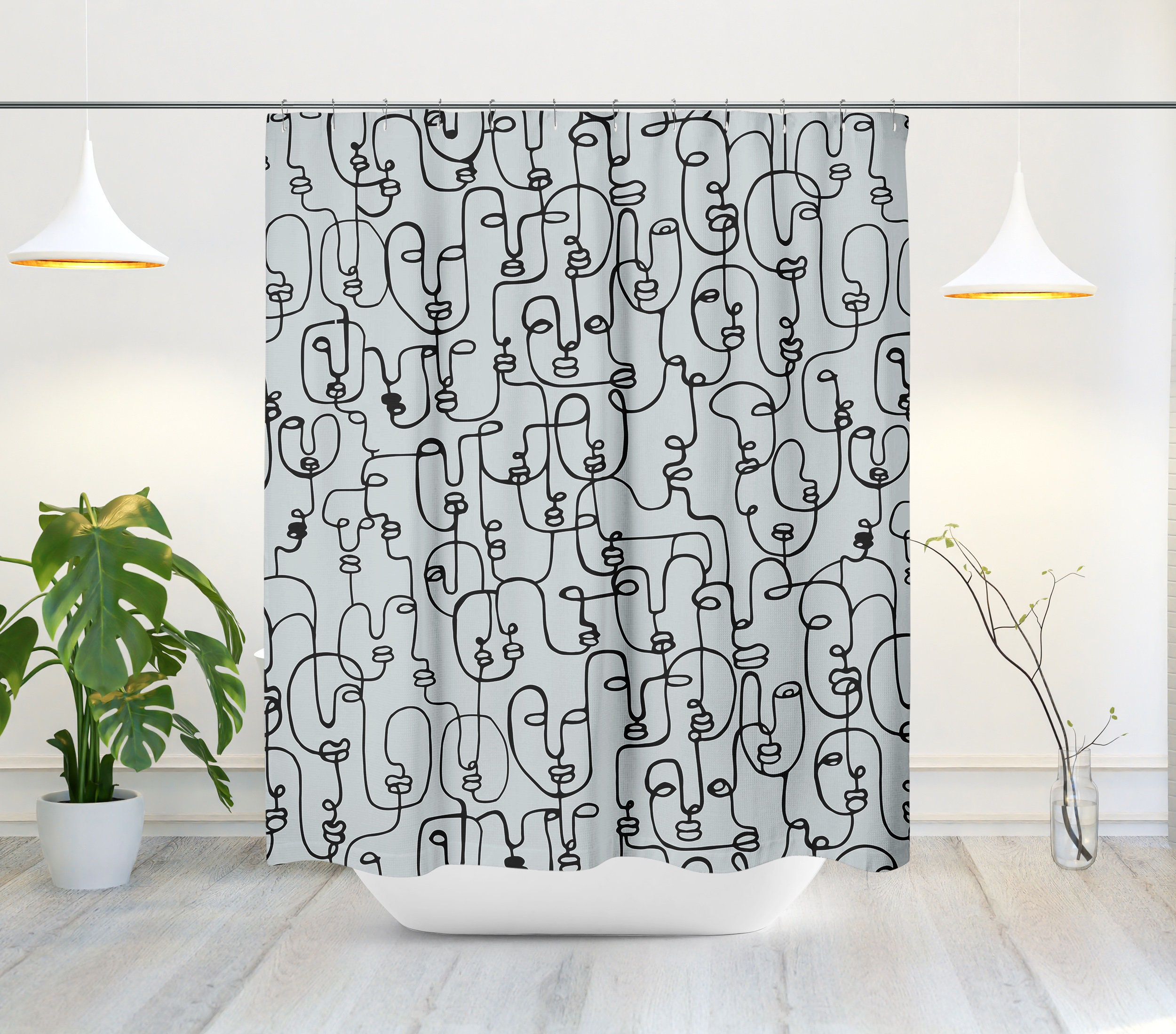 Contemporary Mid-Century Modern Shower Curtain with Abstract Face and Continuous Line Design for a Unique Bath Decor - Image 2