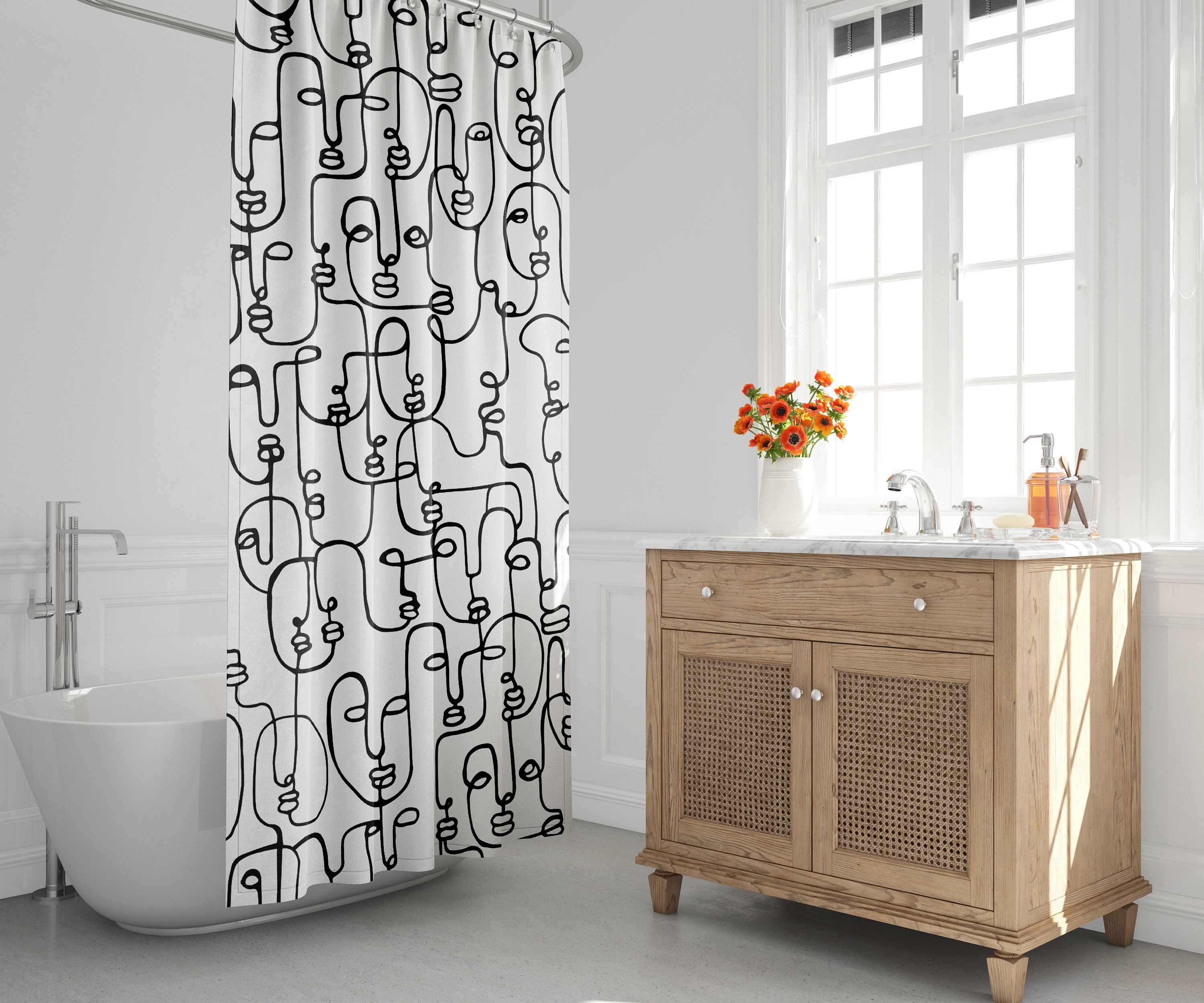 Contemporary Mid-Century Modern Shower Curtain with Abstract Faces and Minimalist Design for a Stylish Bathroom