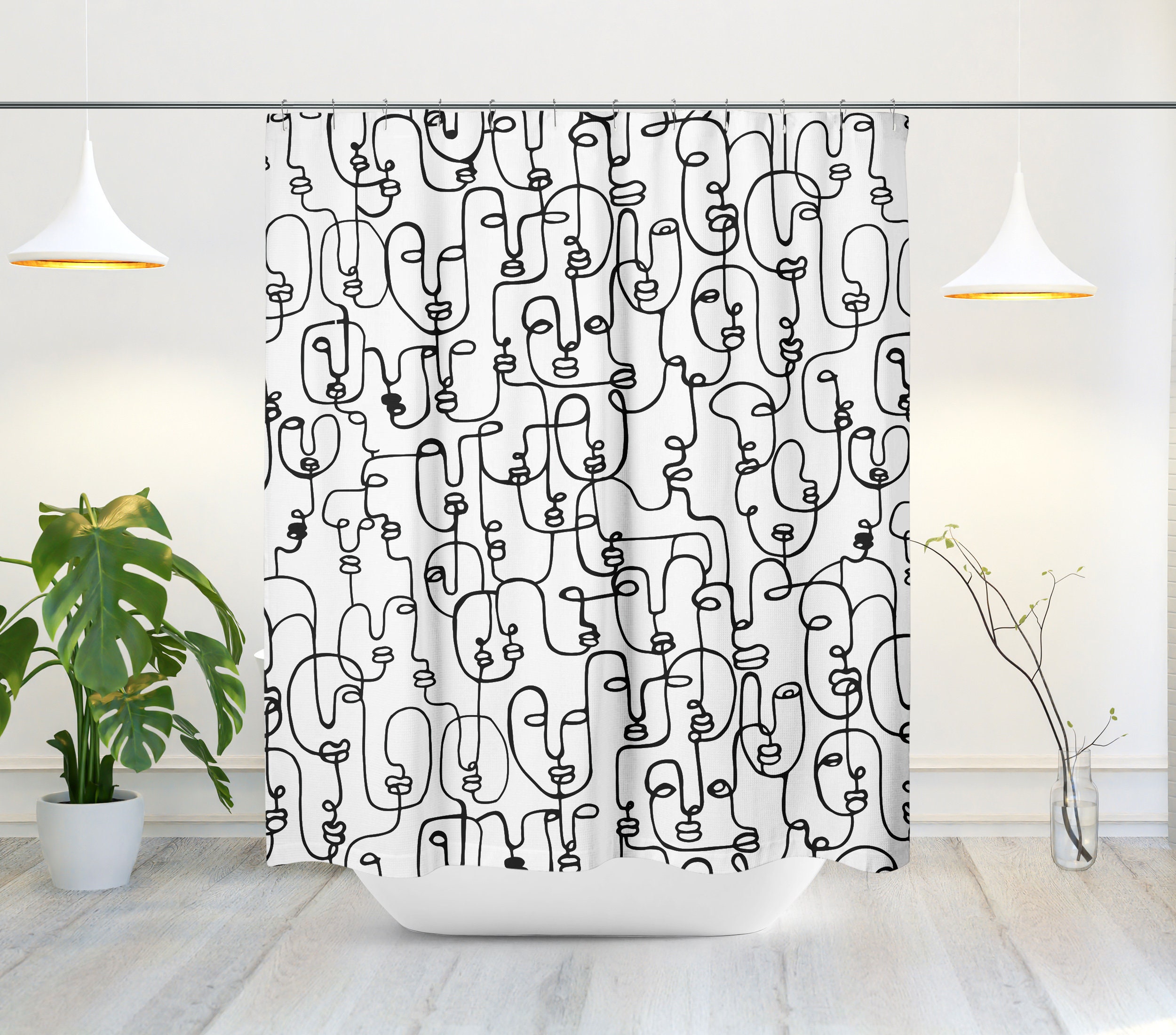 Contemporary Mid-Century Modern Shower Curtain with Abstract Faces and Minimalist Design for a Stylish Bathroom - Image 2