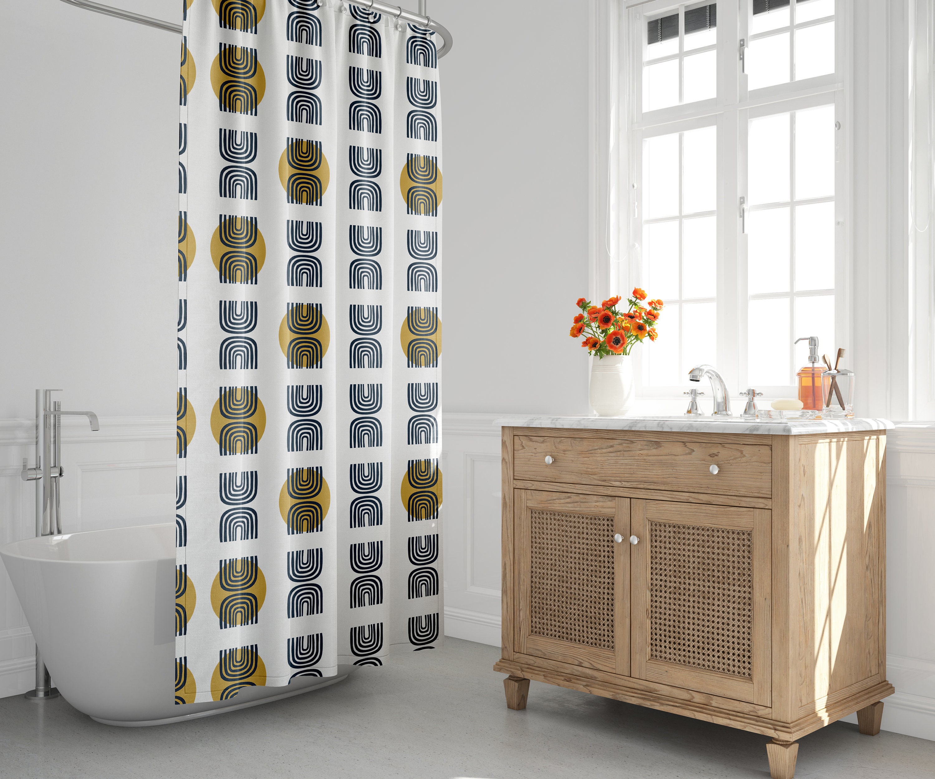 Contemporary Mid-Century Modern Shower Curtain with Geometric Moon and Rainbow Design, Perfect for a Scandi Bath Decor
