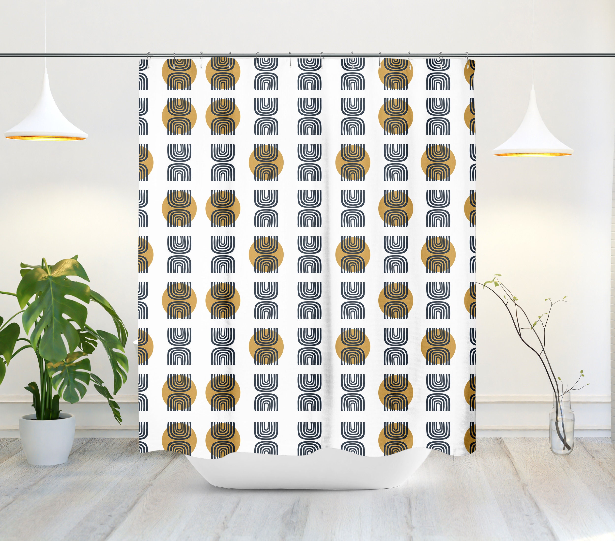 Contemporary Mid-Century Modern Shower Curtain with Geometric Moon and Rainbow Design, Perfect for a Scandi Bath Decor - Image 2