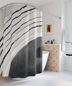 Contemporary Minimalist Black and White Shower Curtain with Oil Paint Strokes for Apartment Bathroom