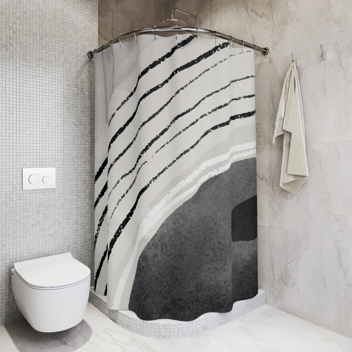Contemporary Minimalist Black and White Shower Curtain with Oil Paint Strokes for Apartment Bathroom - Image 2