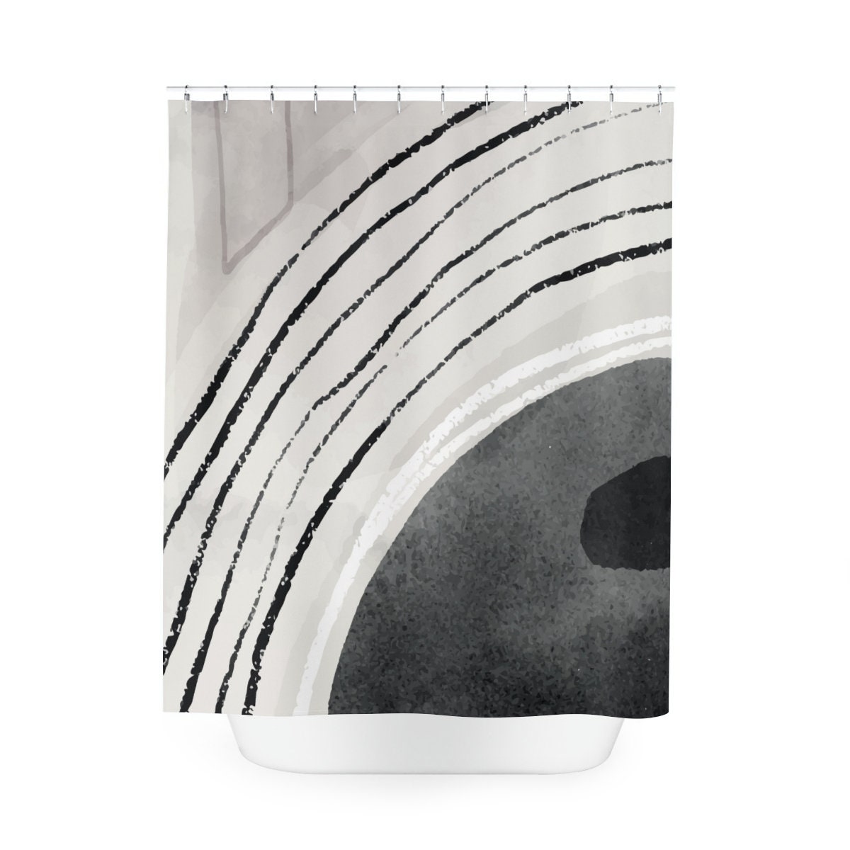Contemporary Minimalist Black and White Shower Curtain with Oil Paint Strokes for Apartment Bathroom - Image 3