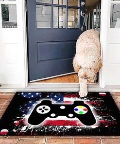 Cool Game Style Room Rug with Gamepad Controller Rugs Standing Floor Pad Yoga Mat in Blue Green