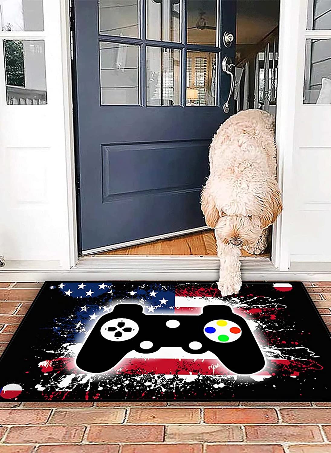 Cool Game Style Room Rug with Gamepad Controller Rugs Standing Floor Pad Yoga Mat in Blue Green