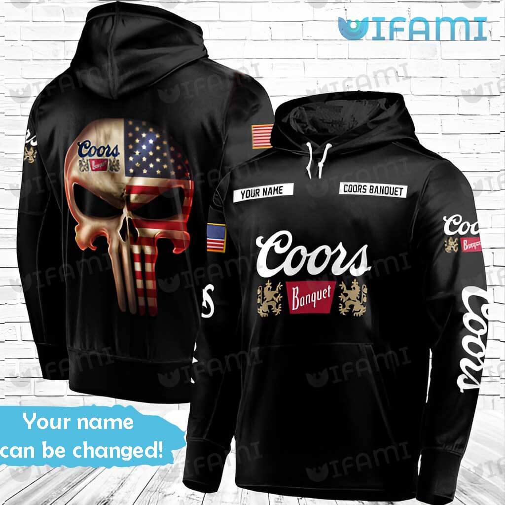 Coors Banquet Punisher Skull All Over Print Hoodie with Custom Name and USA Flag for Beer Lovers