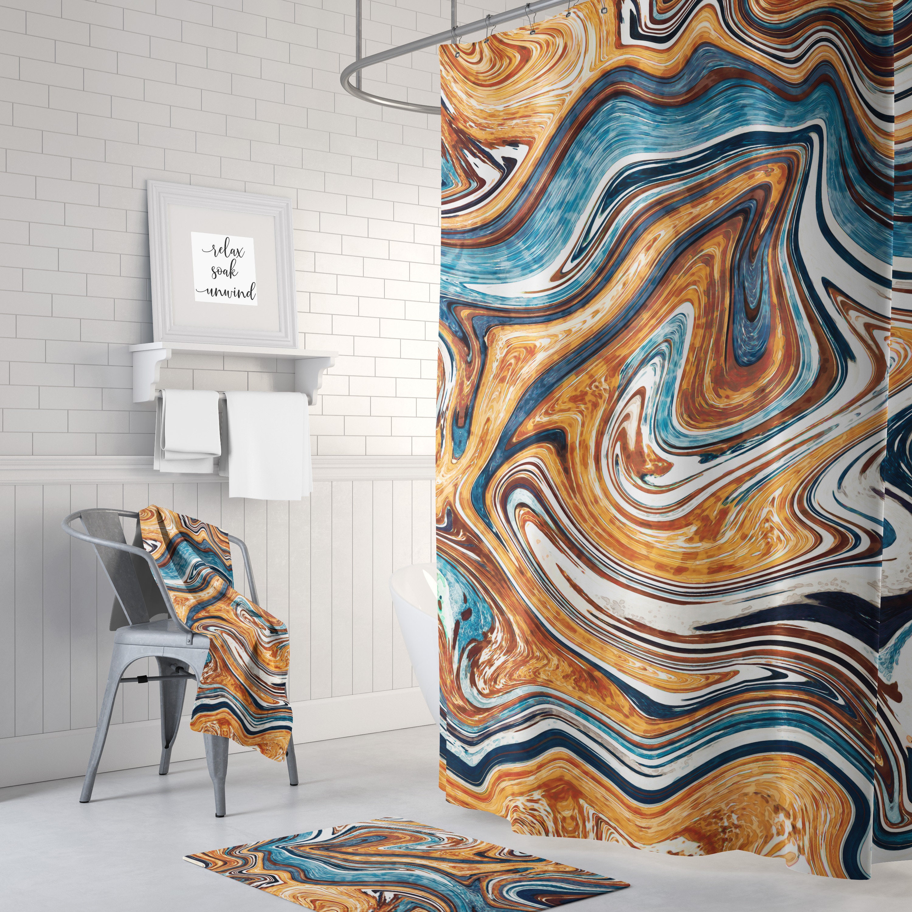 Copper and Blue Marble Shower Curtain, Add a Luxurious Touch to Your Bathroom