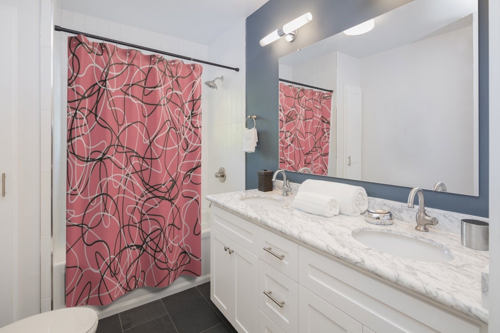 Coral Mid Century Modern Boomerang Pattern Shower Curtain, Add a Retro and Fun Touch to Your Bathroom Decor - Image 2