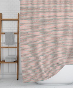 Coral & Turquoise Printed Shower Curtain with Stripes - Unique Coastal Beach House Decor