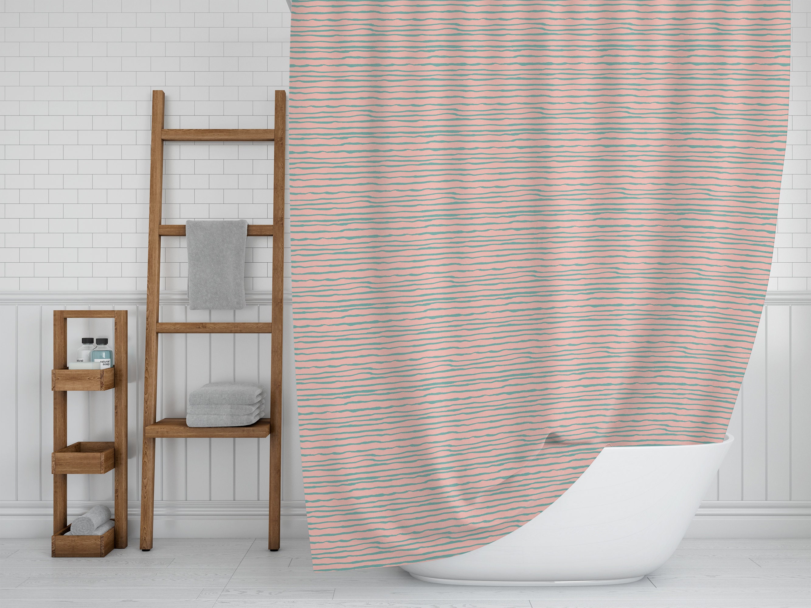 Coral & Turquoise Printed Shower Curtain with Stripes - Unique Coastal Beach House Decor