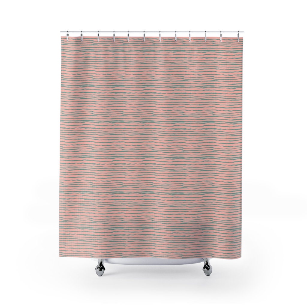 Coral & Turquoise Printed Shower Curtain with Stripes - Unique Coastal Beach House Decor - Image 2