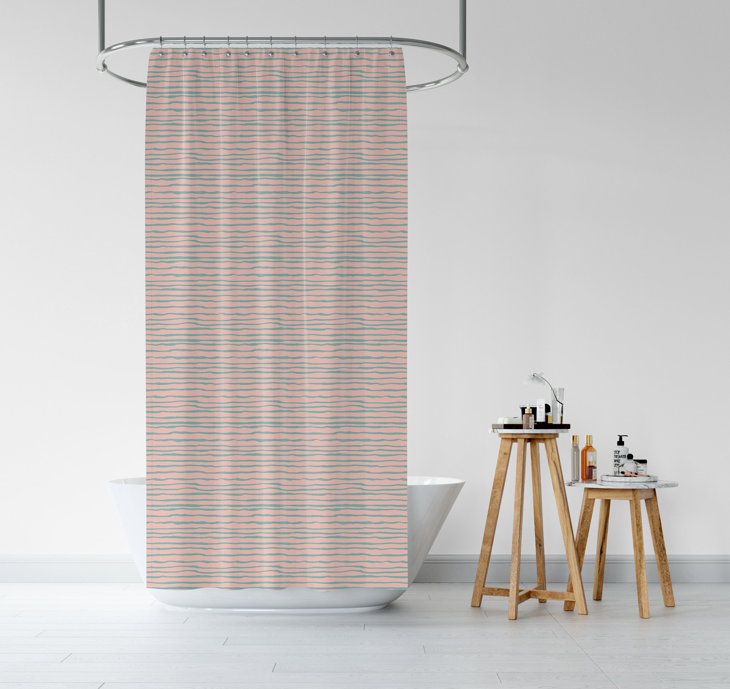 Coral & Turquoise Printed Shower Curtain with Stripes - Unique Coastal Beach House Decor - Image 3