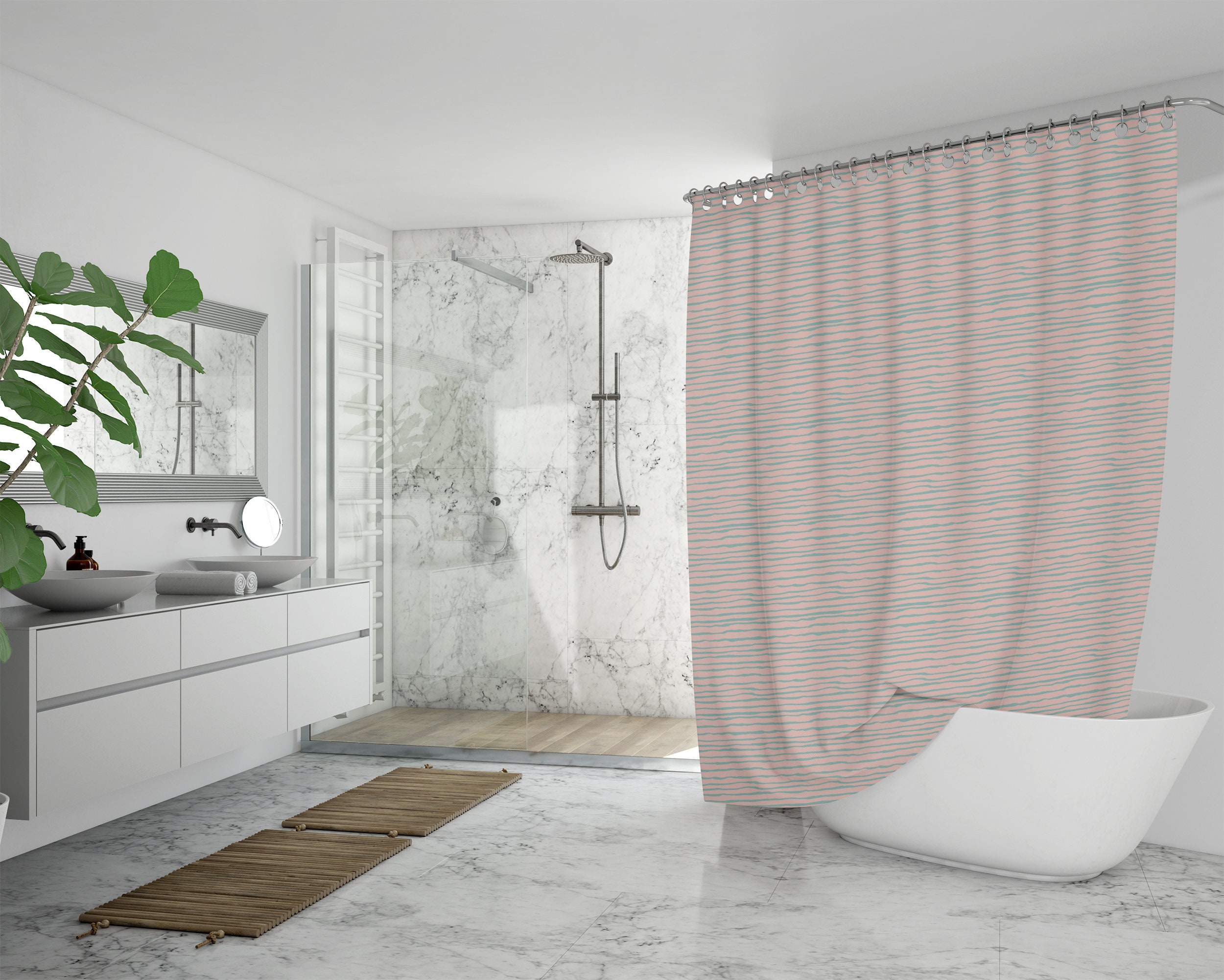 Coral & Turquoise Printed Shower Curtain with Stripes - Unique Coastal Beach House Decor - Image 4