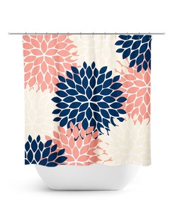 Coral and Navy Flower Shower Curtain, Tropical Shower Curtain Art for Coral Blue Bathroom with Modern Bathtub Curtain