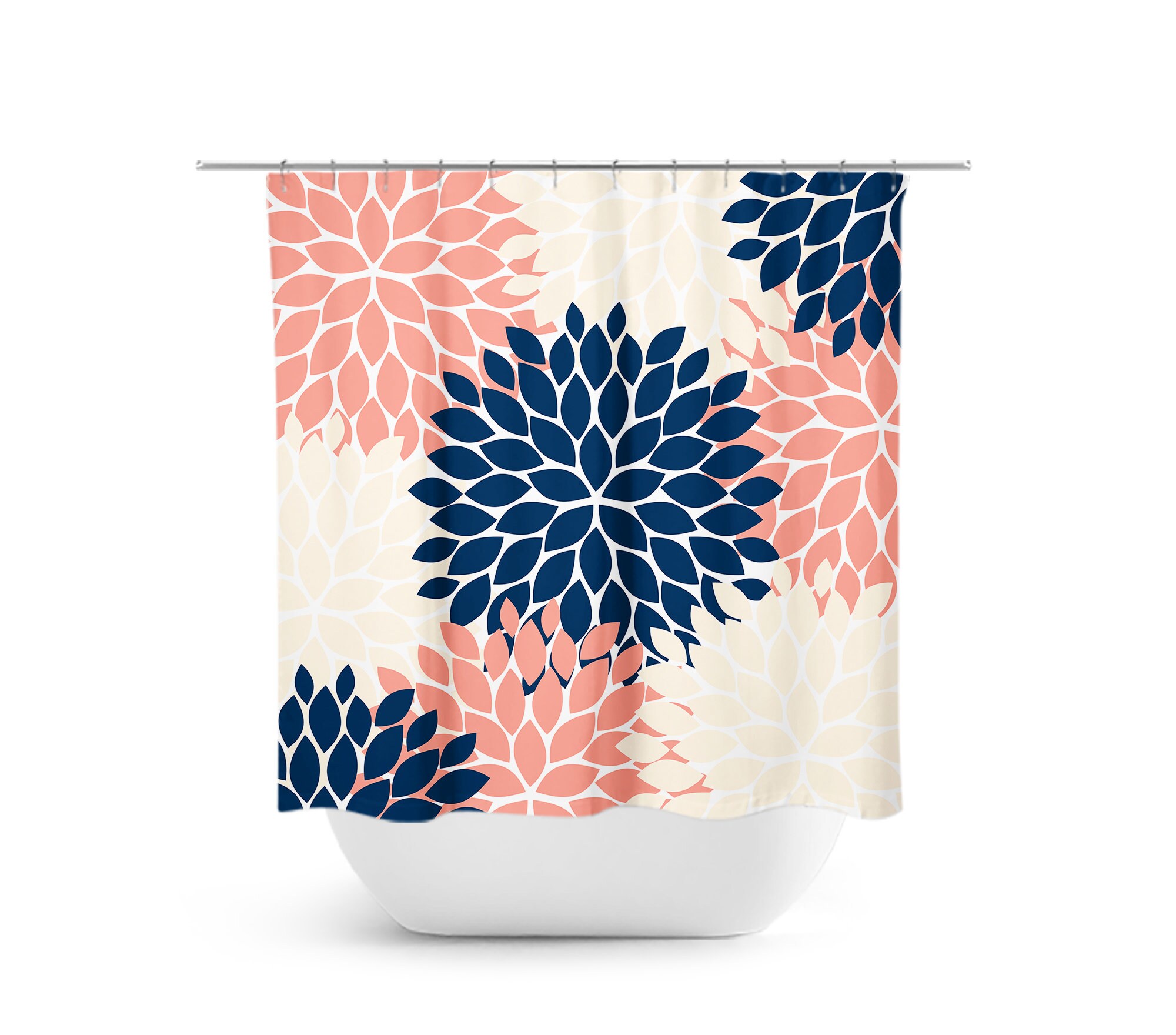 Coral and Navy Flower Shower Curtain, Tropical Shower Curtain Art for Coral Blue Bathroom with Modern Bathtub Curtain