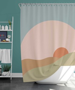 Cortina de Ducha Minimalista al Amanecer de la MaÃ±ana, Paisaje Boho Retro Shower Curtain