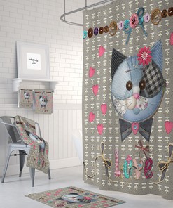 Country Cat Farmhouse Shower Curtain, Bathtub Curtain with Patches and Love Design, Ideal for Cat Lovers