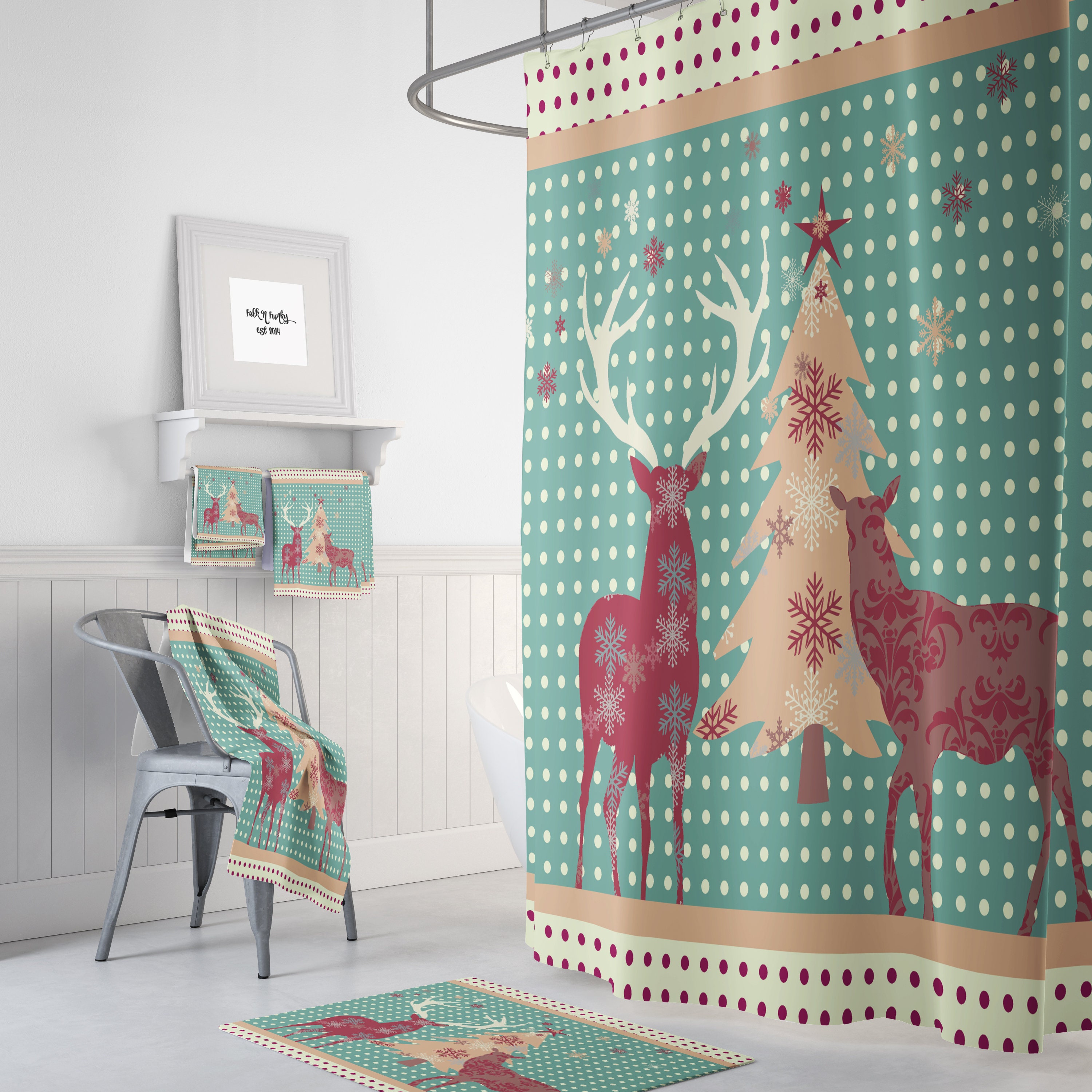 Country Woodland Deer Christmas Shower Curtain with Bath Mat and Towels