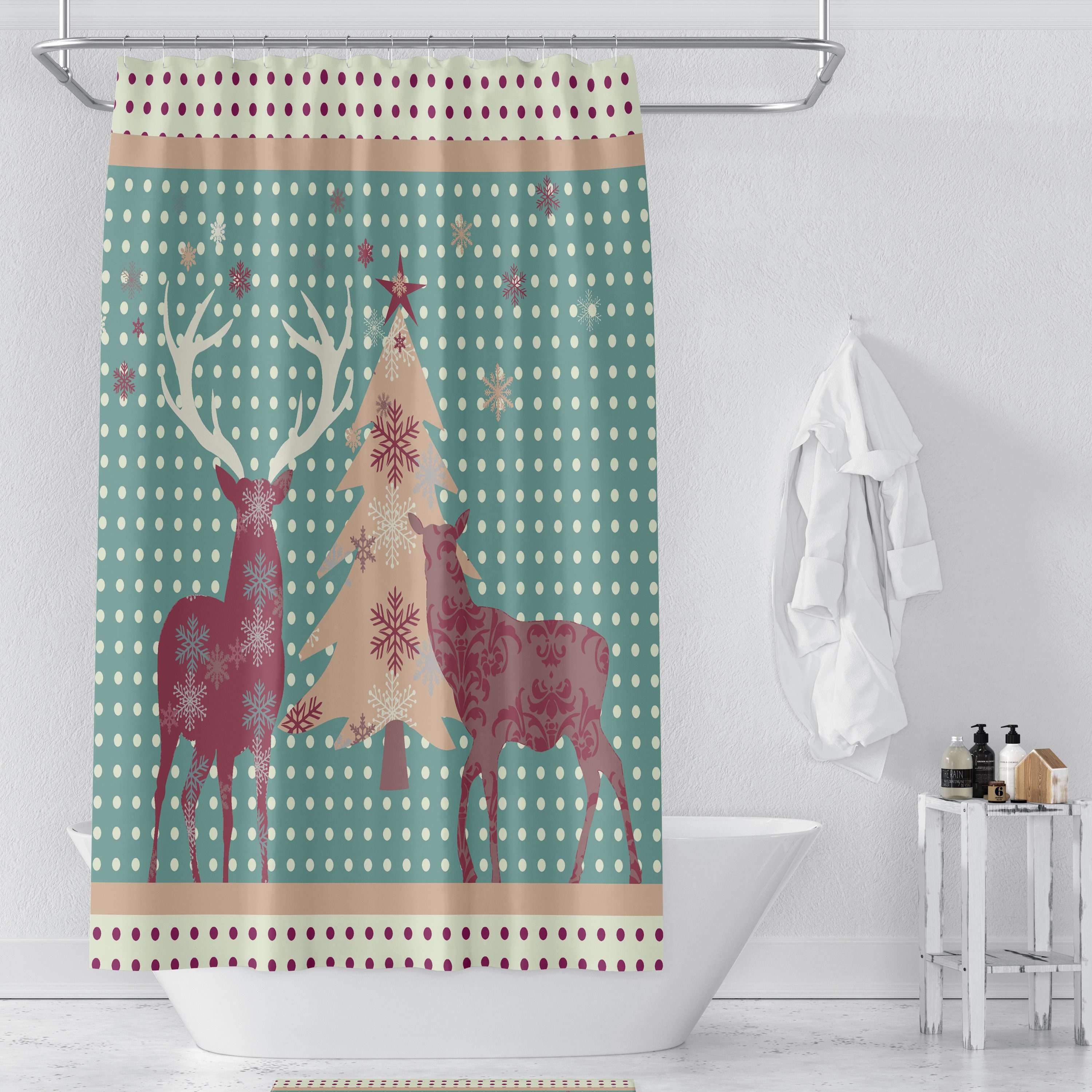 Country Woodland Deer Christmas Shower Curtain with Bath Mat and Towels - Image 2