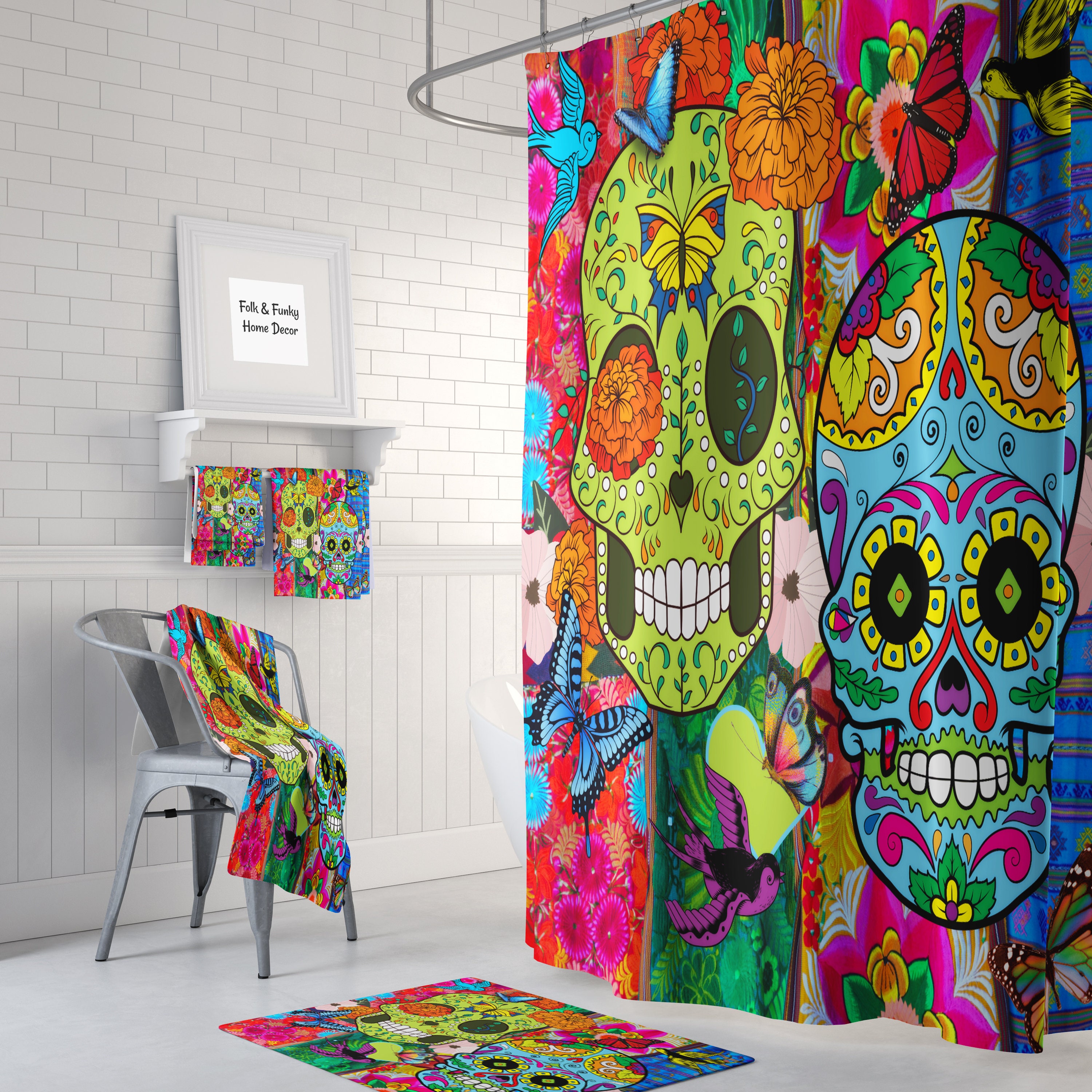 Crazy Colourful Skull Shower Curtain Set with Unique Bath Accessories
