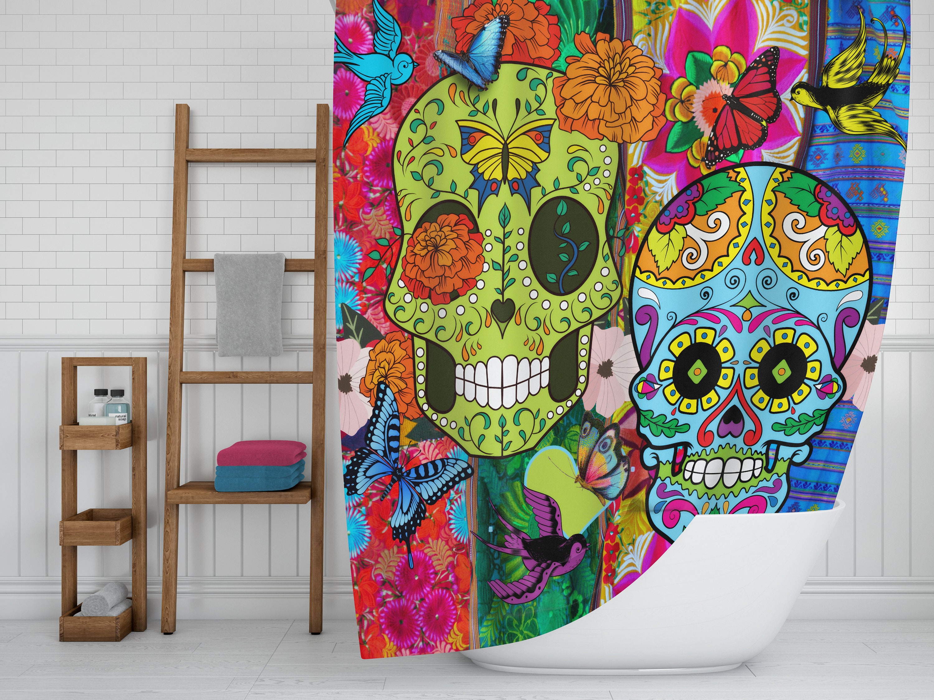 Crazy Colourful Skull Shower Curtain Set with Unique Bath Accessories - Image 2