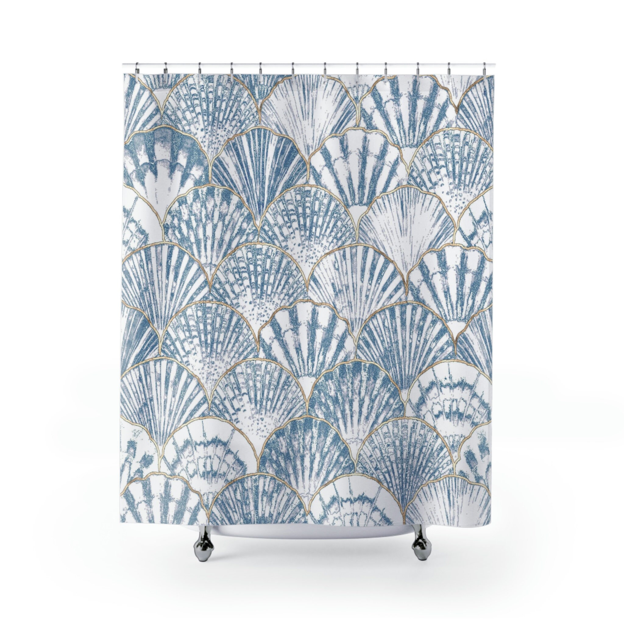 Create a serene beach feel with this Beachy Sea Shell Blue and White Ocean Shower Curtain - Image 2