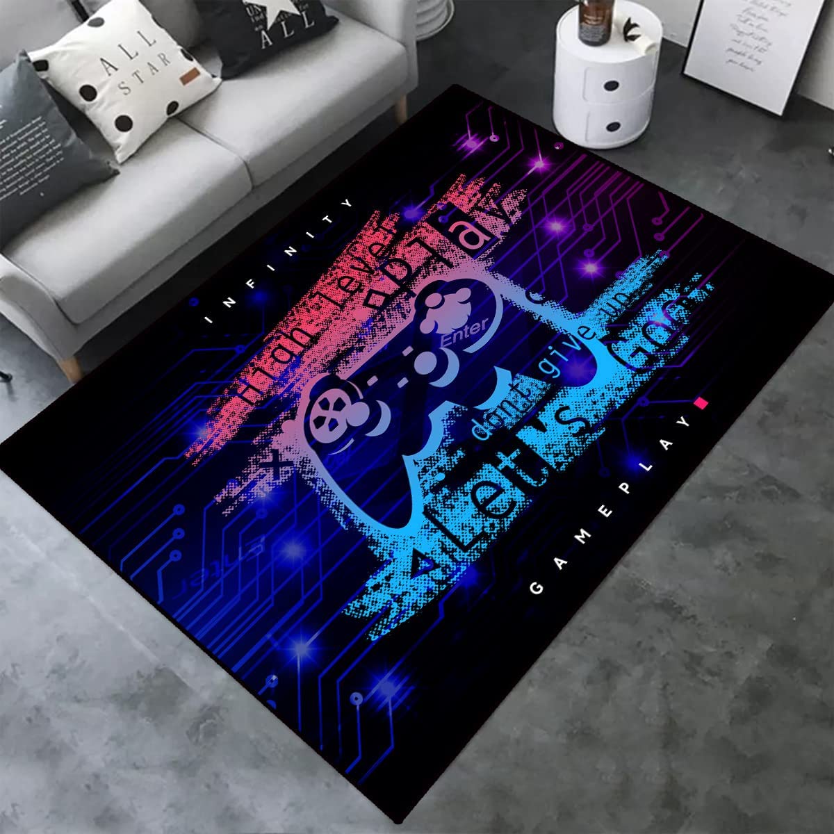 Crystal Game Room Rug with Large Non-Slip Polyester Mat and Gamepad Controller Print Design
